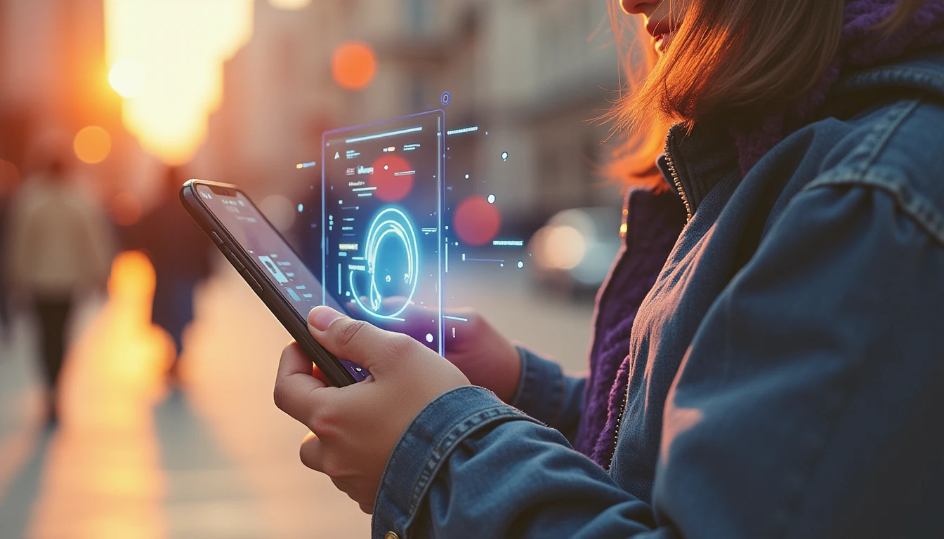 Ein Benutzer durchsucht selbstbewusst eine Dating-App auf einem Smartphone, unterstützt durch KI-gestützte Cybersicherheitssymbole wie einen digitalen Schutzschild und Biometrie.