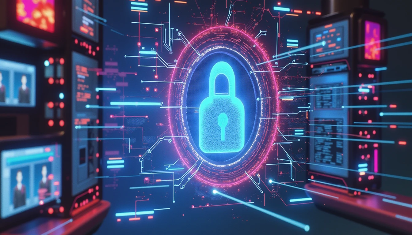Futuristisches digitales Schutzschild, das Online-Dating-Profile scannt, betrügerische Konten und KI-generierte Bilder inmitten neonbeleuchteter Datenströme erkennt.