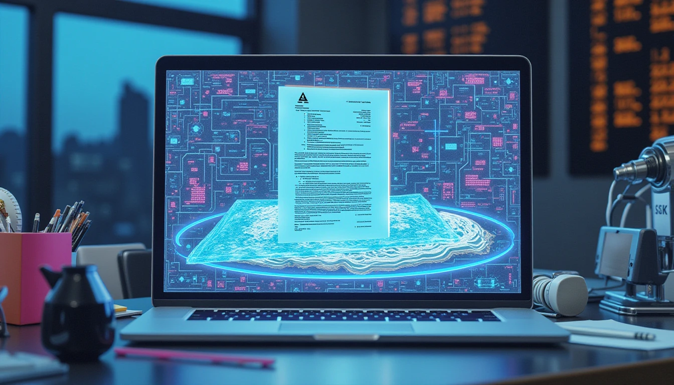 Futuristisches Büro mit leuchtenden holografischen Bildschirmen, die KI-gesteuerte Dokumentvalidierung, Datenanalyse und Metadaten-Sicherheitsebenen präsentieren.