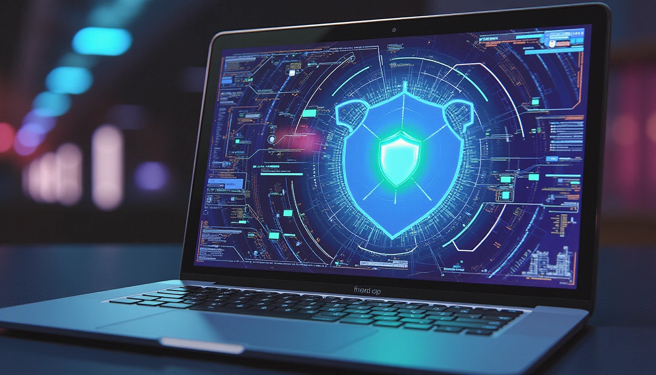Futuristische Neon-Schnittstelle mit Schildsymbol, Datenströmen und KI, die digitale Dokumente scannt, um Betrug im Versicherungssektor aufzudecken.