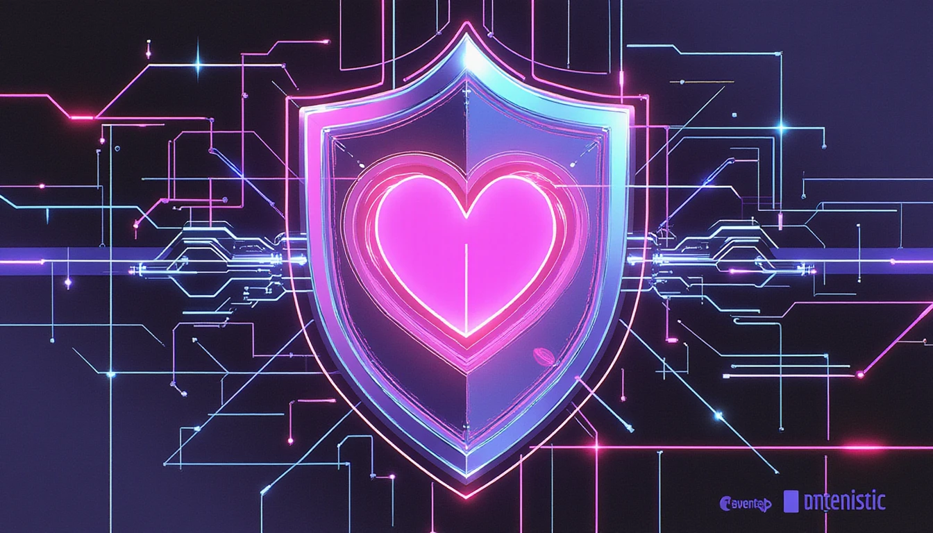 Futuristic neon-lit shield encasing a glowing heart, symbolizing digital security in online dating with AI-driven protection and trust.
