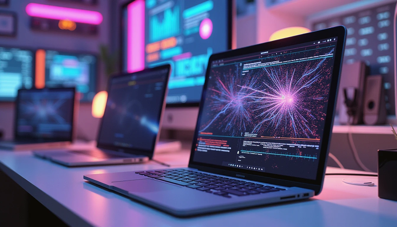 Futuristic insurance office with neon-lit AI interface analyzing digital images for fraud detection, featuring glowing data streams and patterns.