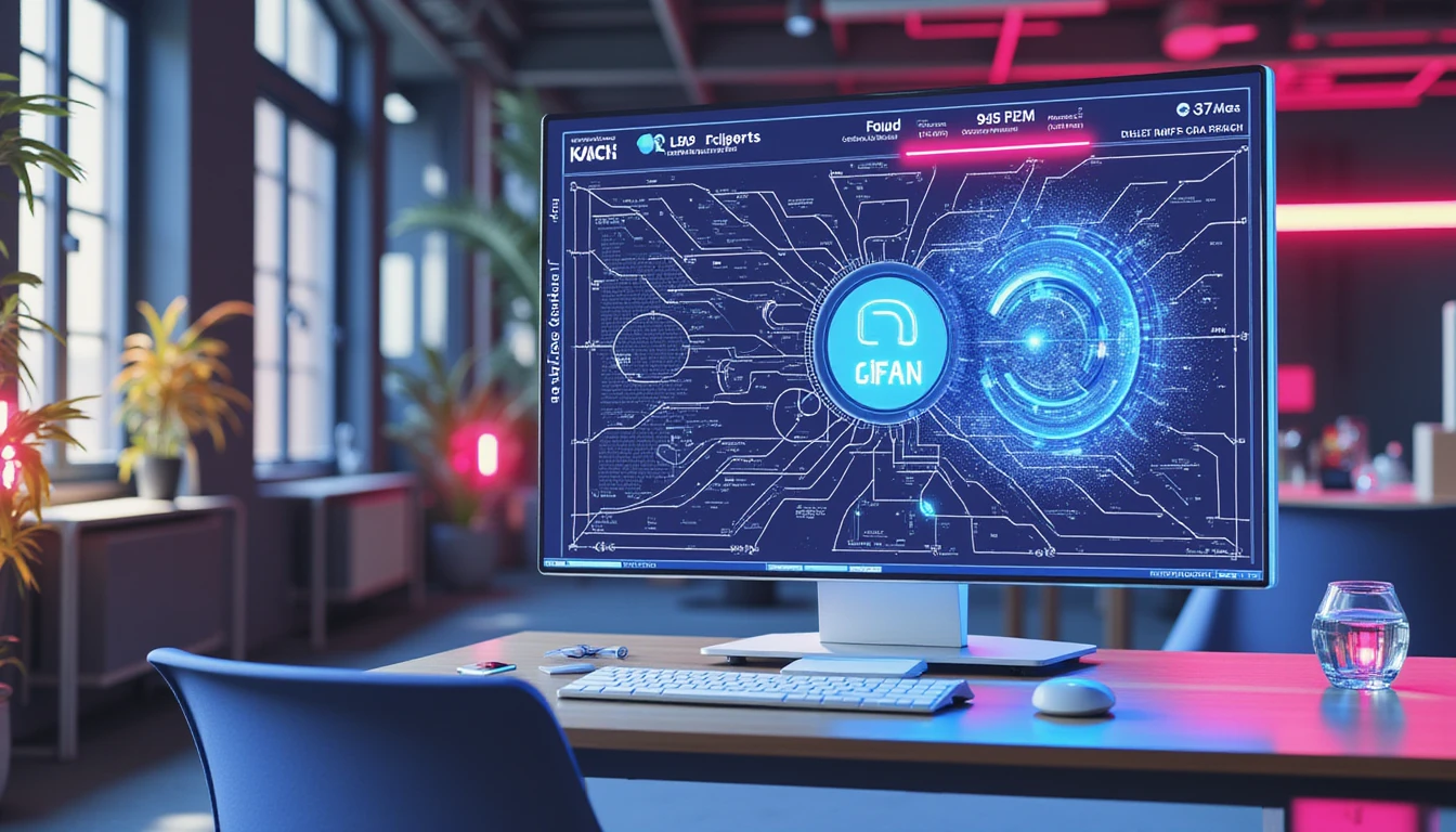 Ultrarealistische Szene des Betrugsscanners von VAARHAFT in einem modernen Büro, die KI-gesteuerte Betrugserkennung mit neonbeleuchteten Datenflüssen demonstriert.