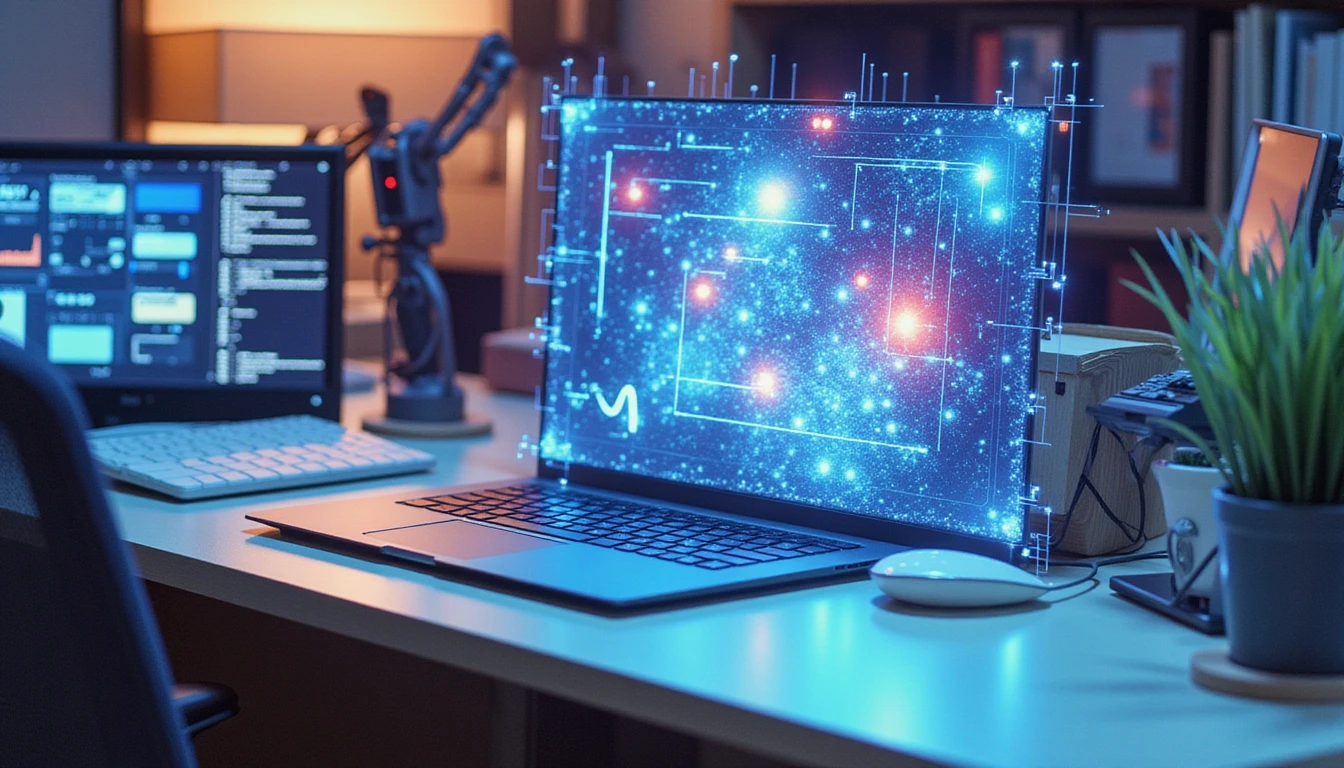 Futuristic office with glowing holographic interface analyzing fraud; neon-lit digital networks and AI-powered technology in focus.