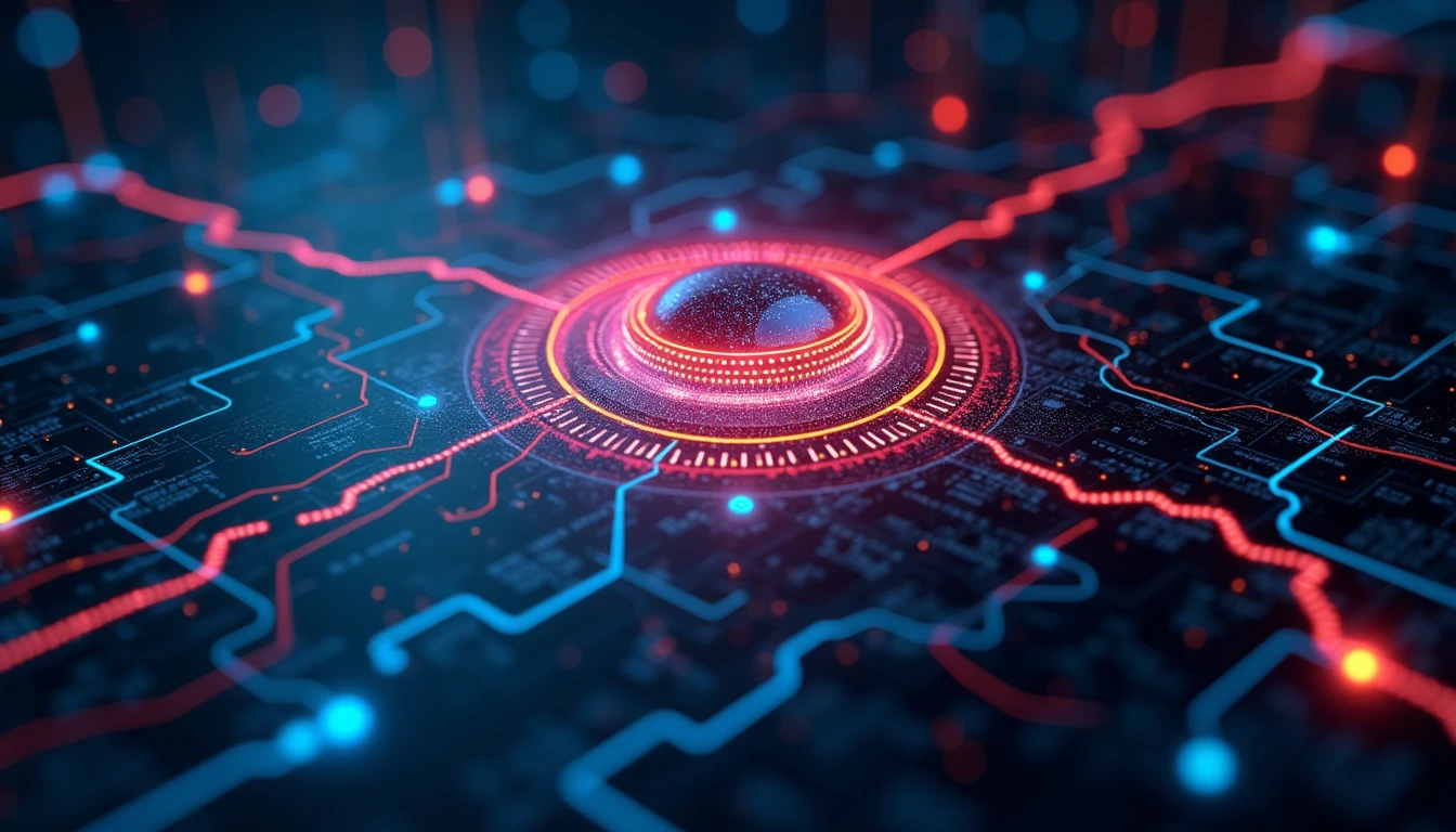 Futuristic AI tool analyzing counterfeit insurance images, highlighted with neon accents, data streams, and advanced security patterns.