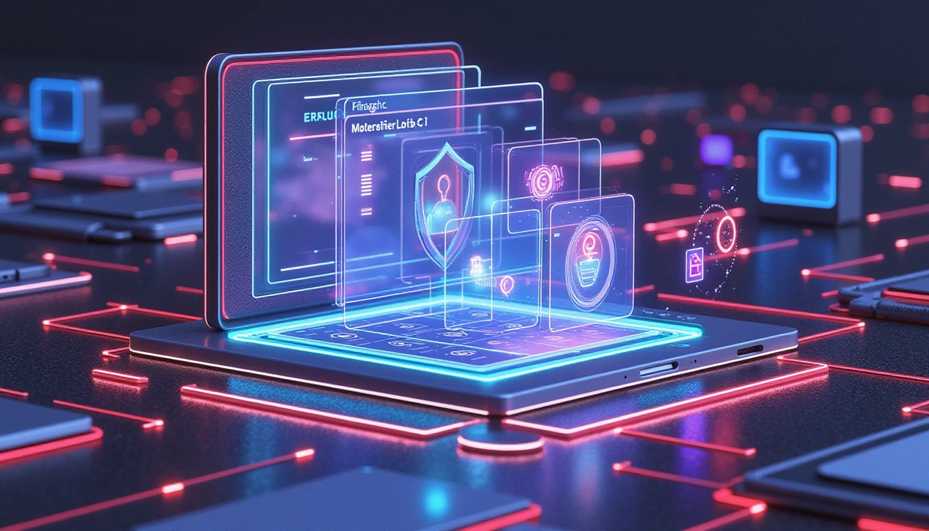 Futuristische, neonbeleuchtete digitale Landschaft, die KI-gesteuerte Betrugsprävention beim Online-Dating zeigt, mit Schilden, biometrischen Scans und Sicherheitsknoten.