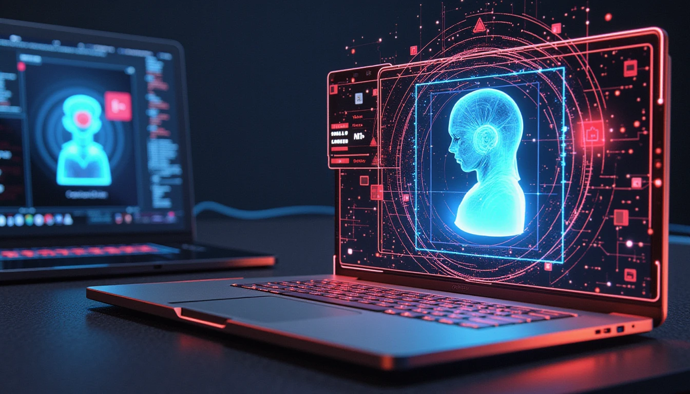 Futuristisches Neon-Cyber-Schild scannt Online-Dating-Profile, mit KI-Knoten, die die Authentizität analysieren, und leuchtenden Sicherheitssymbolen, die Vertrauen gewährleisten.