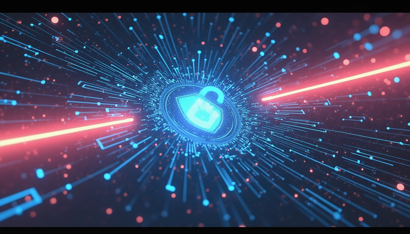 Futuristic digital landscape showing neon-lit pathways symbolizing innovation, with a shield representing secure, efficient insurance transformation.