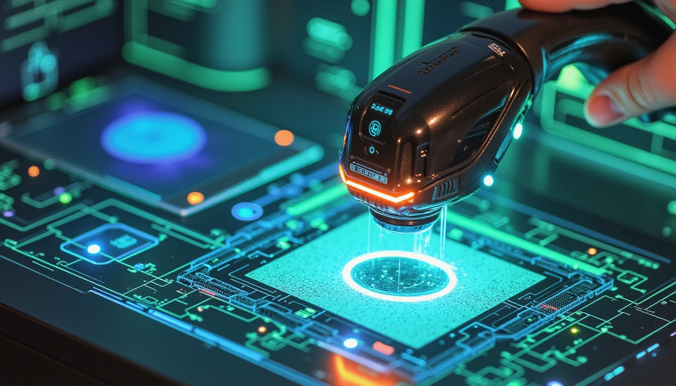 Futuristic depiction of AI-driven claims management in DACH insurance, with holographic data analysis, neon accents, and secure digital flows.