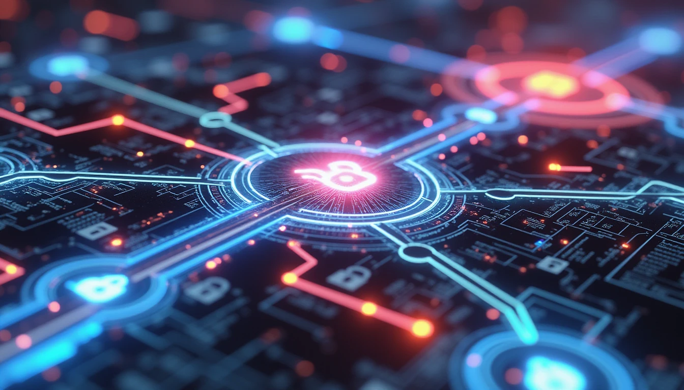 Abstract representation of insurance automation with glowing neural networks, secure locks, and digital pathways symbolizing precision and innovation.