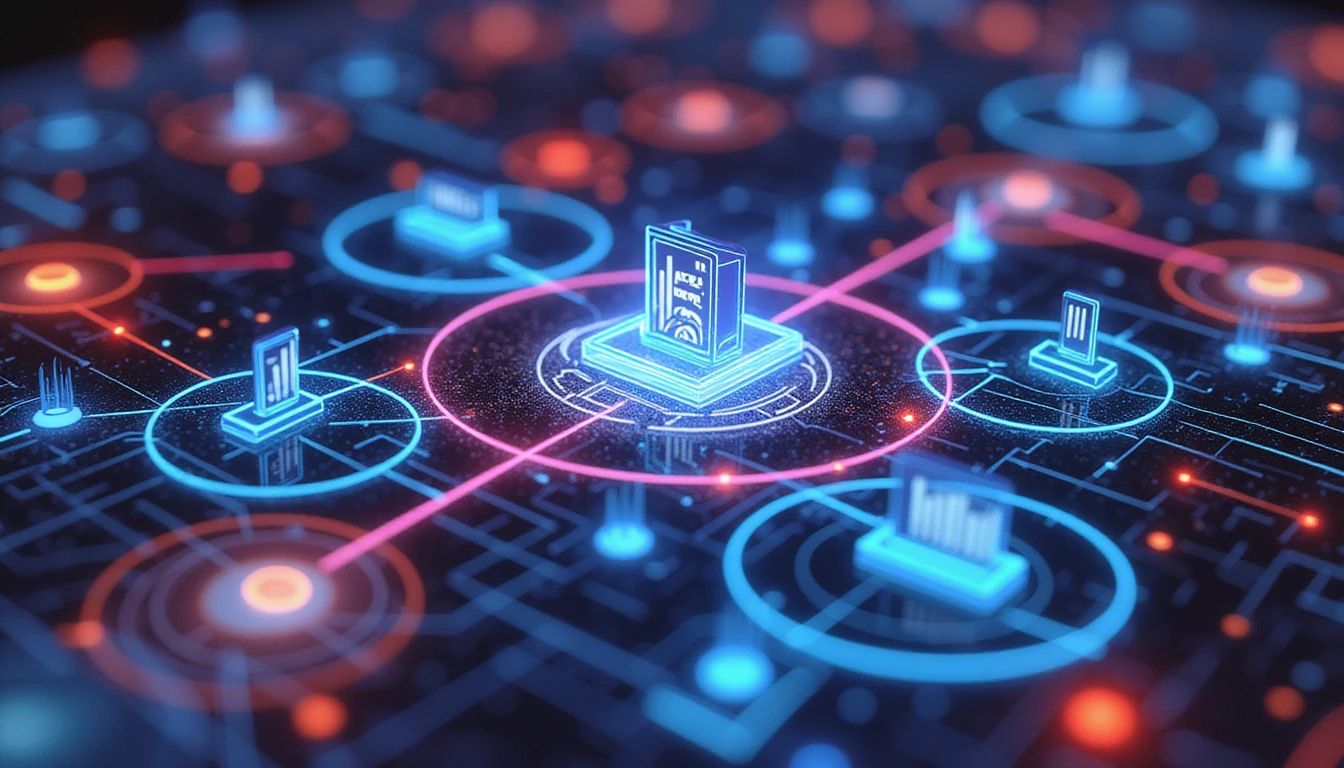 Futuristisches Neon-Netzwerk, das fortschrittliche Bildverarbeitung für Versicherungen visualisiert und Betrugserkennung, Sicherheit und Innovation hervorhebt.