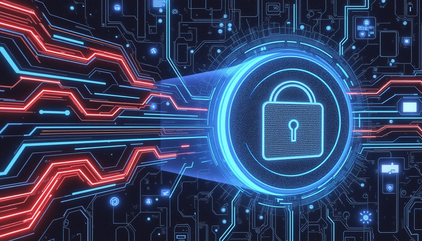 Futuristische KI transformiert Versicherungen mit neonfarbenen Datenströmen, Schildern, Schlössern und Dokumenten und hebt Sicherheit und Innovation hervor.