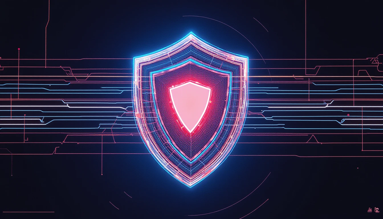 Abstraktes digitales Design eines leuchtenden Neon-Schildes, das Sicherheit symbolisiert, umgeben von vernetzten Linien für Automatisierung und Innovation in der Versicherung.