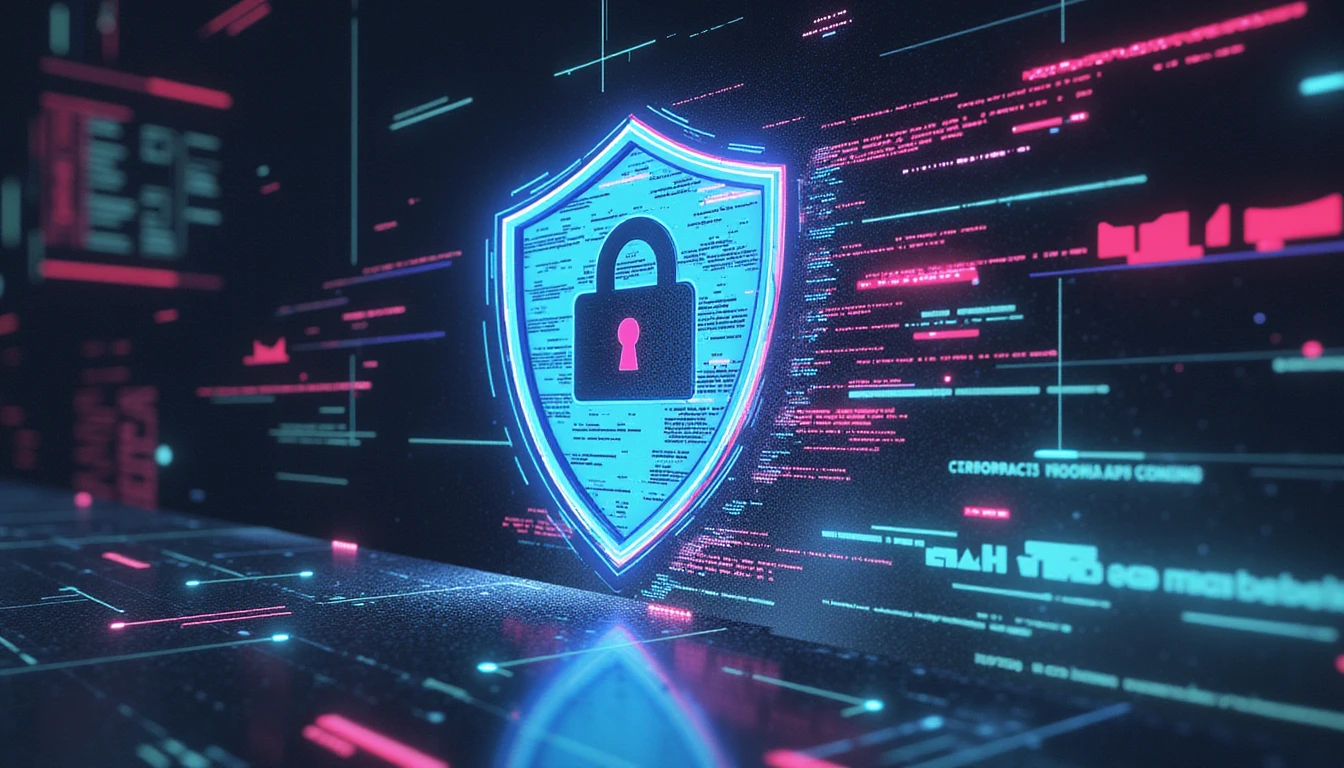 Futuristisches digitales Schild, das die Datensicherheit im Versicherungswesen symbolisiert, mit Neonleuchten, KI-Betrugserkennungselementen und einer technologieorientierten Ästhetik.