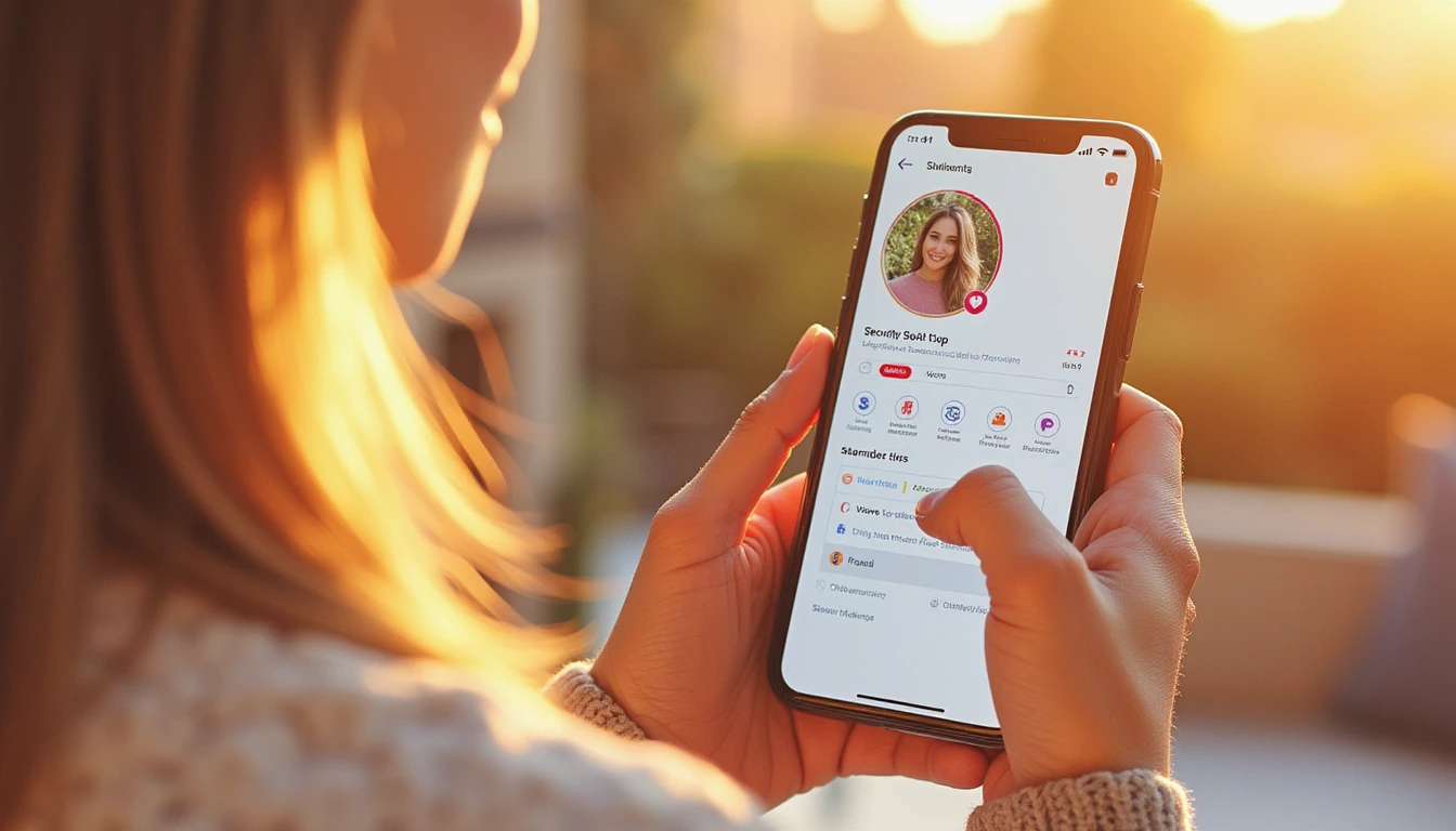 Person holding a smartphone displaying an online dating profile with AI-driven security analysis, digital risk indicators, and fraud detection.