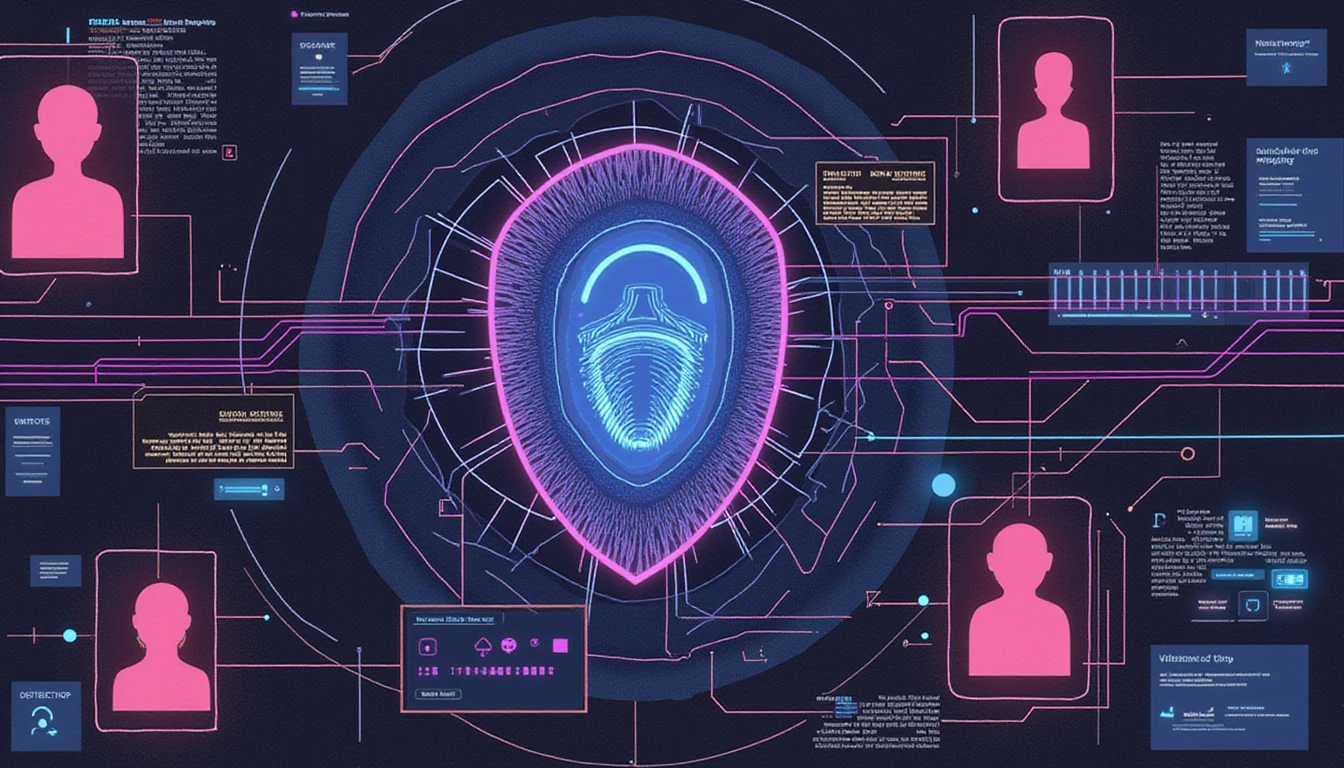 Abstract depiction of AI security in online dating, showcasing neural networks, biometric elements, and anomaly detection with neon highlights.