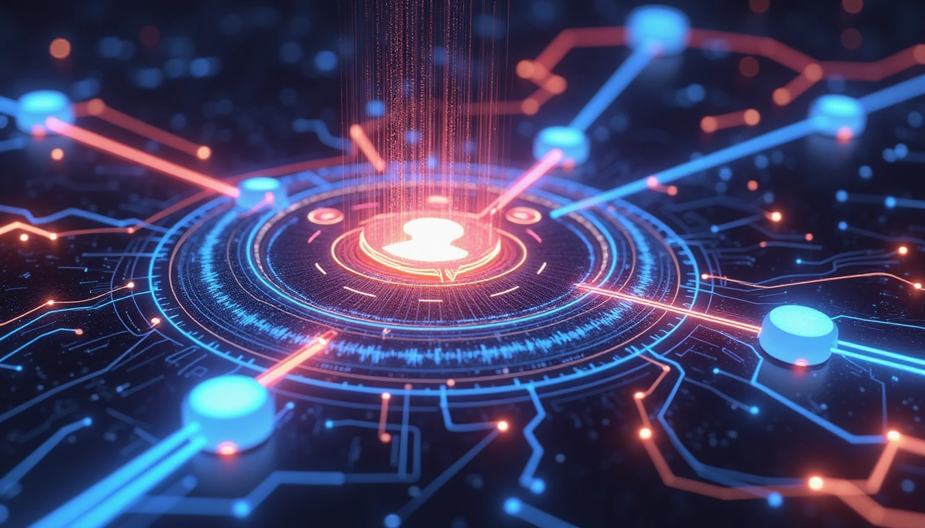 Futuristisches digitales Netzwerk, das KI-gestützte Cybersicherheit beim Online-Dating darstellt und über ein leuchtendes Profilsymbol, biometrische Daten und ein Schild verfügt.