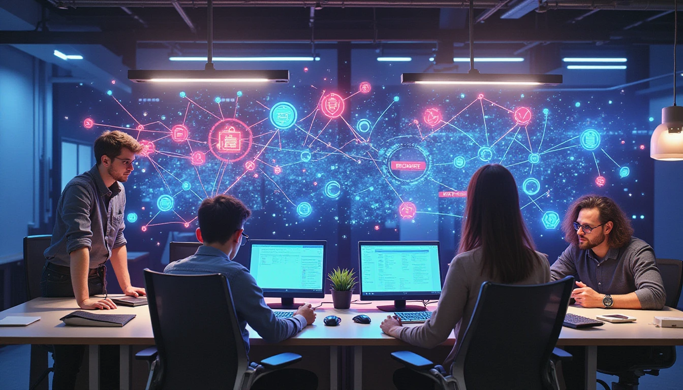 Insurance employees in a modern office engage in security training with holographic interfaces and neon network visuals symbolizing fraud detection.