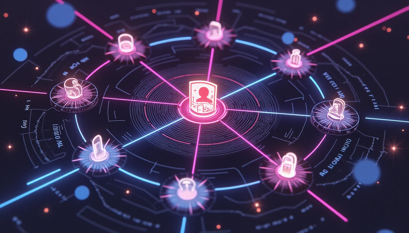 Abstraktes Diagramm der Cybersicherheit in Online-Dating-Apps mit Neonknoten zur Betrugserkennung, KI-gestützter Analyse, Schutzschild und Lupe.