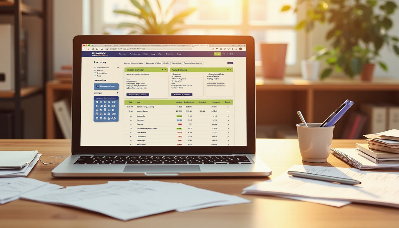 Professional workspace during golden hour with a laptop showing an AI invoice tool, highlighting fraud detection amid scattered documents.