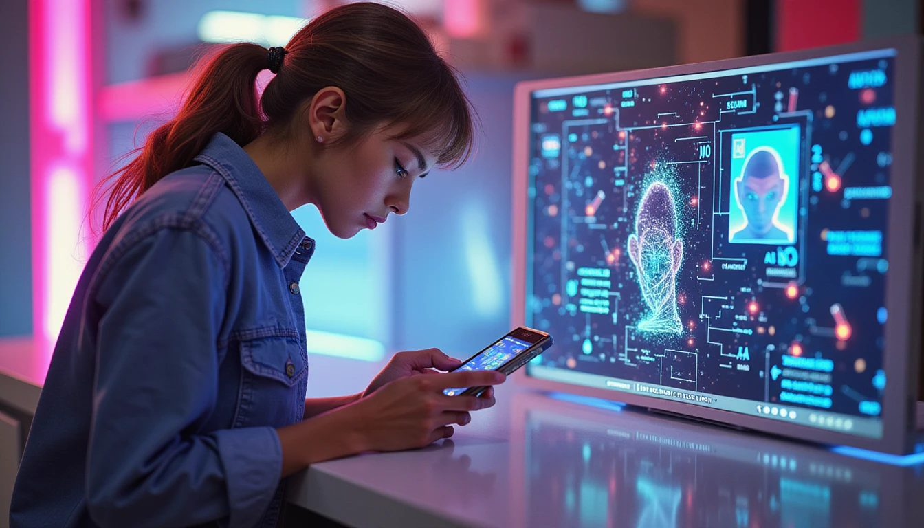 Eine Person nutzt eine neonbeleuchtete Dating-App, überlagert mit KI-gestützten Betrugserkennungsvisualisierungen, einschließlich biometrischer Scans und Datenströmen.