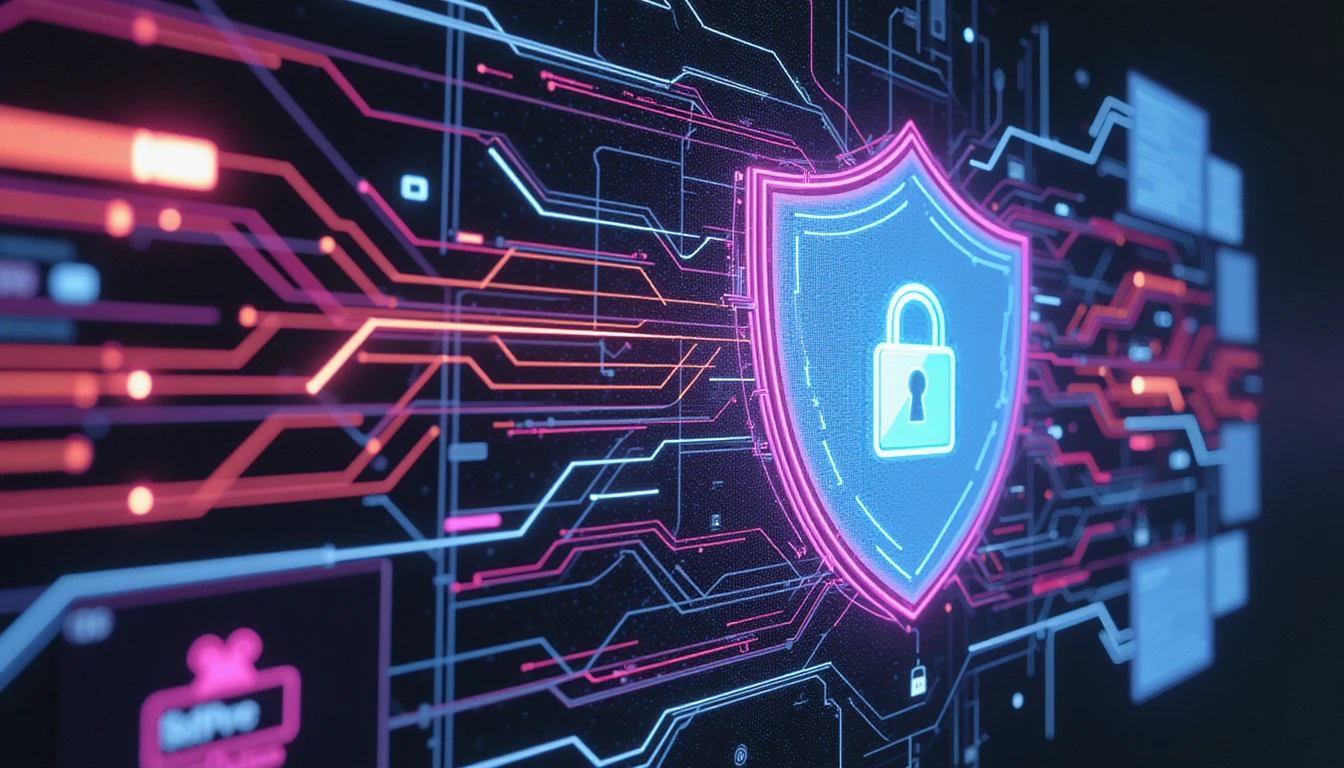 Futuristic digital shield blocking AI-generated fake profiles, with neon data streams and security symbols representing advanced fraud detection.