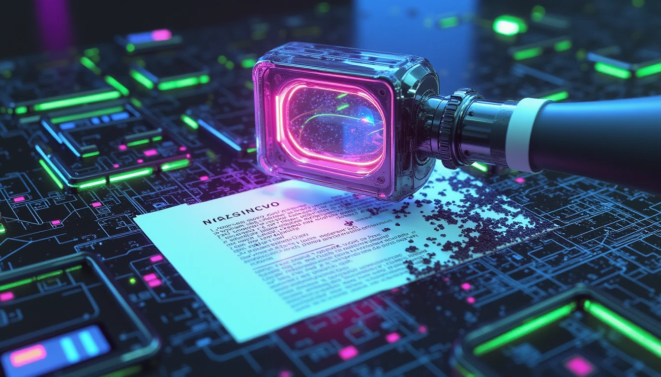 Futuristische Neon-Visualisierung der digitalen Betrugserkennung mit einem Scanner, der fragmentierte Datenknoten in leuchtenden Blau-, Grün- und Lilatönen analysiert.