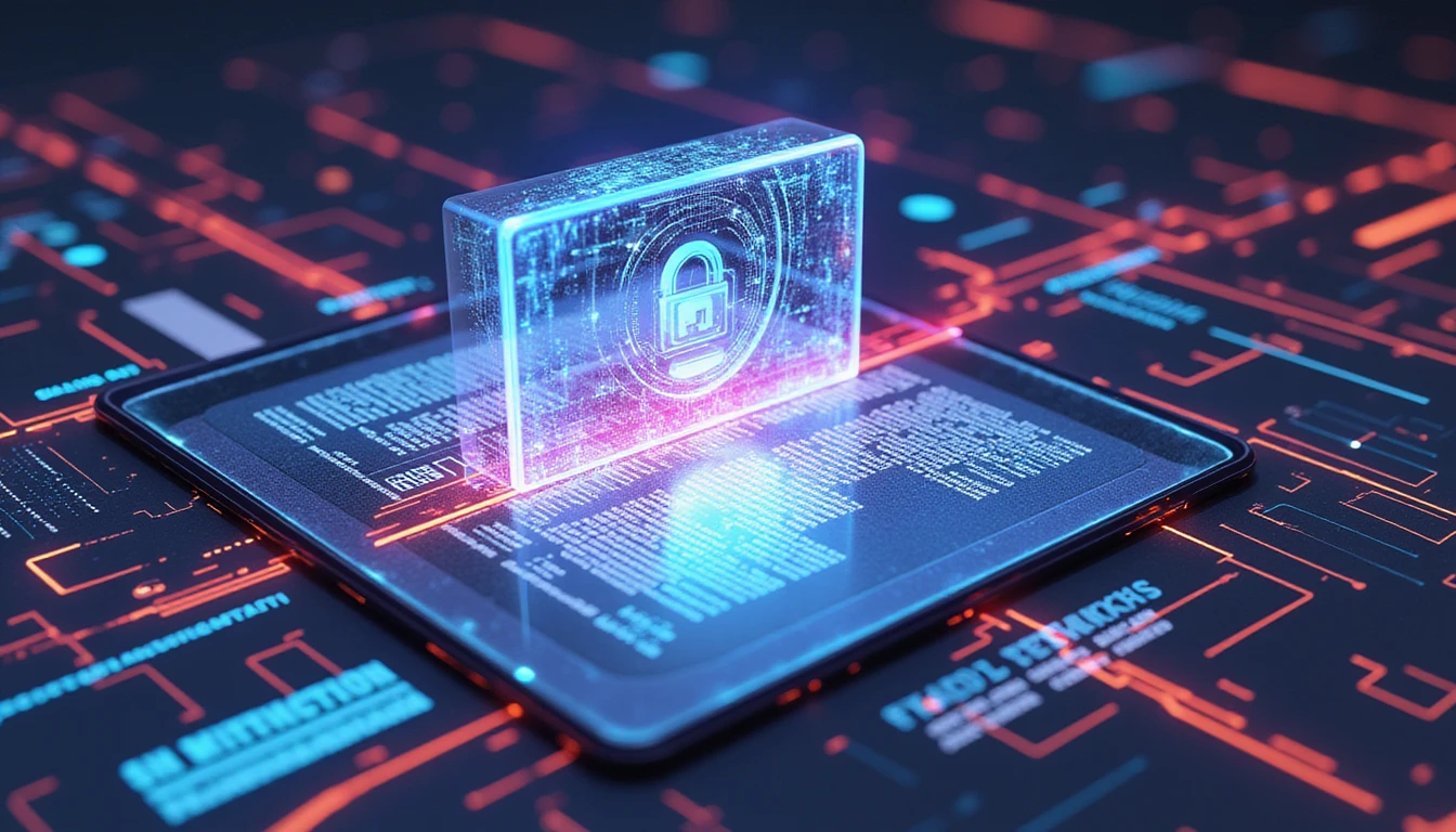 Abstraktes, KI-gestütztes Betrugserkennungssystem mit neonfarbenen Datenströmen, die ein holografisches Dokument analysieren und so die Sicherheit in der Versicherung symbolisieren.