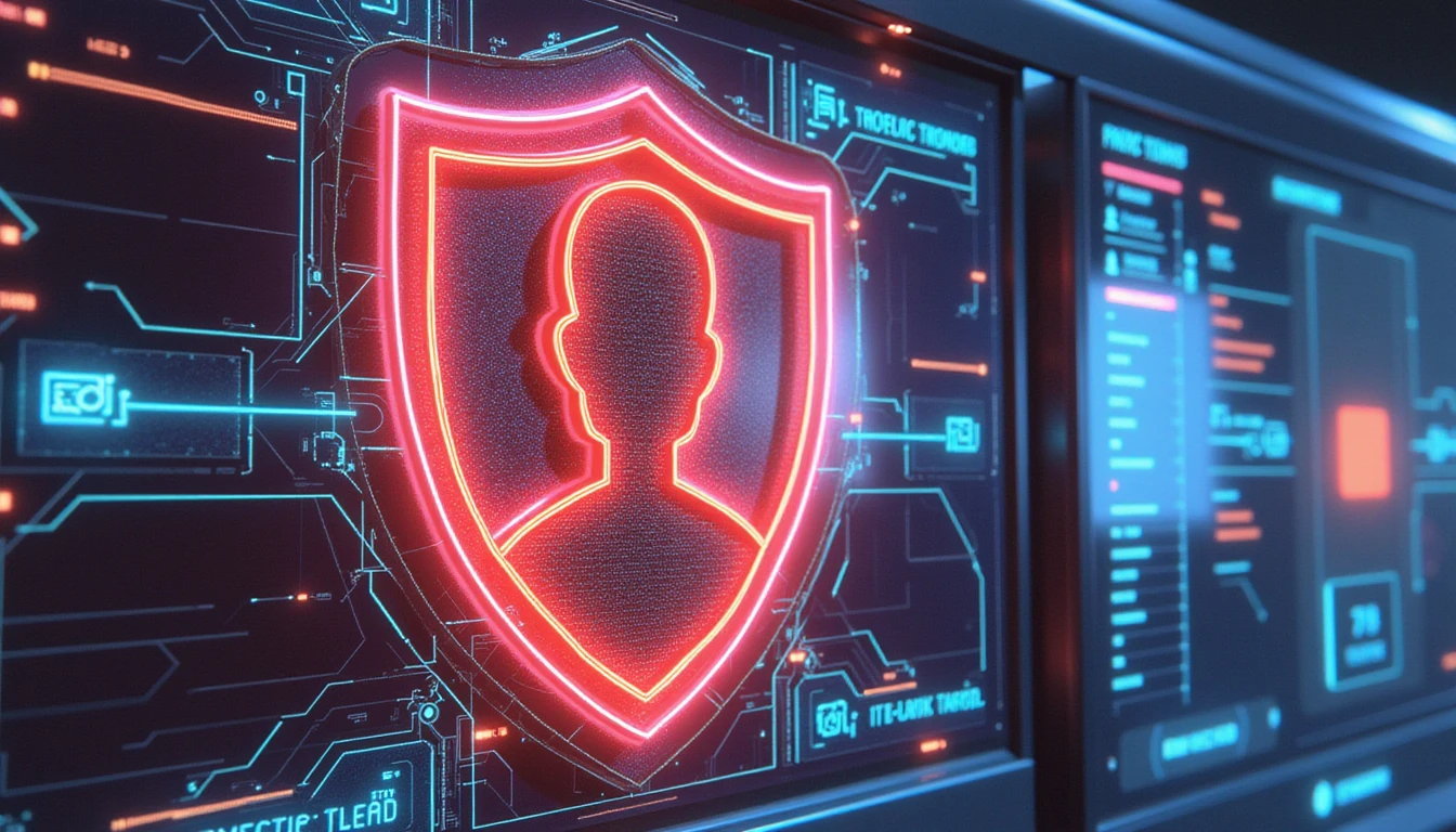 Futuristic AI-driven security for online dating, featuring a glowing digital shield over a user profile with cybernetic scanning lines.