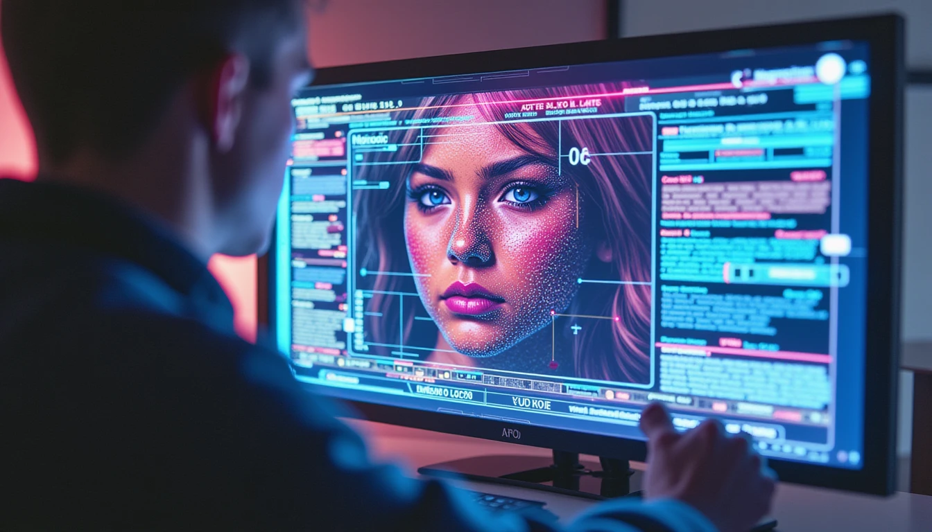 Futuristic insurance office with AI fraud detection interface glowing neon, analyzing photo authenticity with precision and security themes.