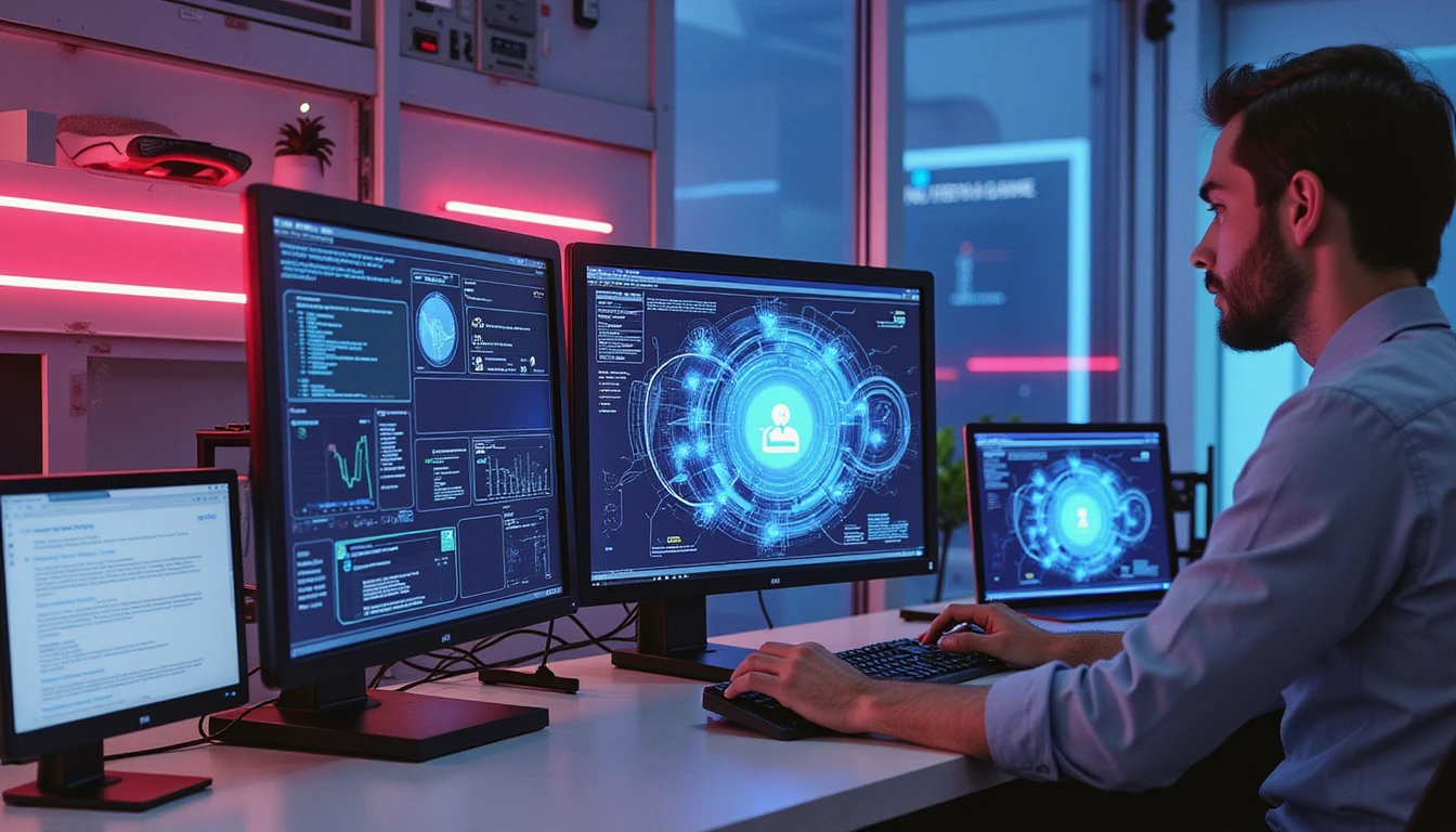 Versicherungsfachmann analysiert Betrugserkennungsdaten auf futuristischen Bildschirmen mit neonbeleuchteten KI-Visualisierungen, wobei Sicherheit und Innovation betont werden.