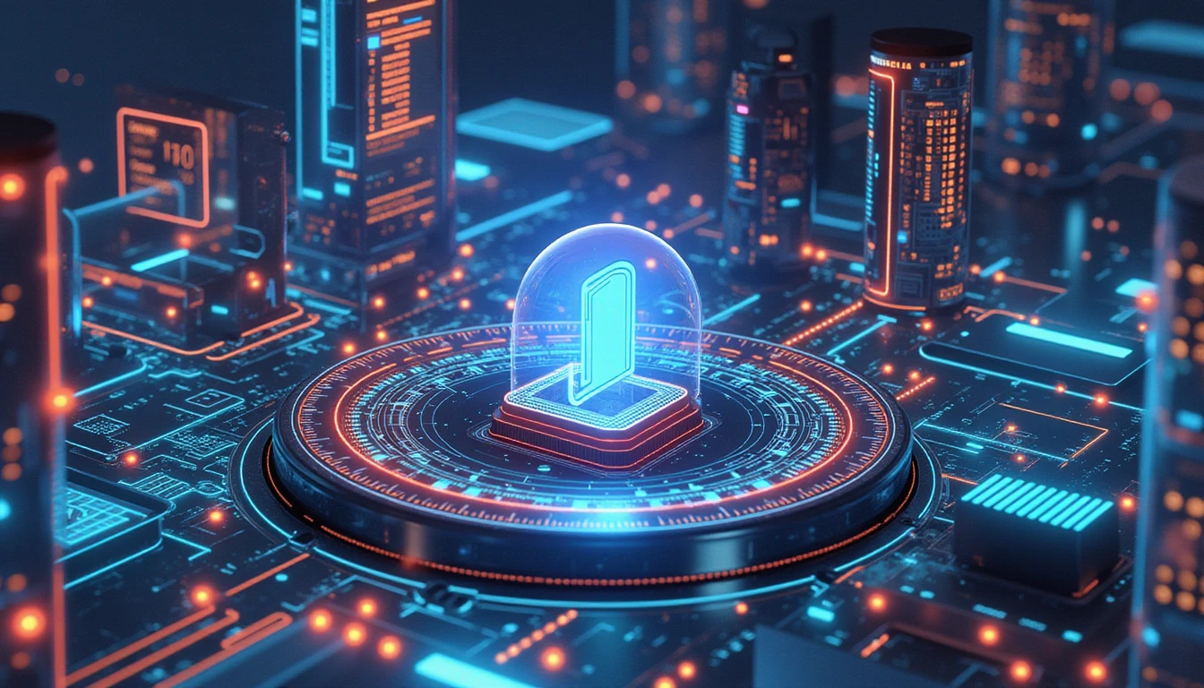 Futuristic illustration showcasing AI-driven insurance technology with neon accents, data flows, interconnected systems, and fraud prevention tools.