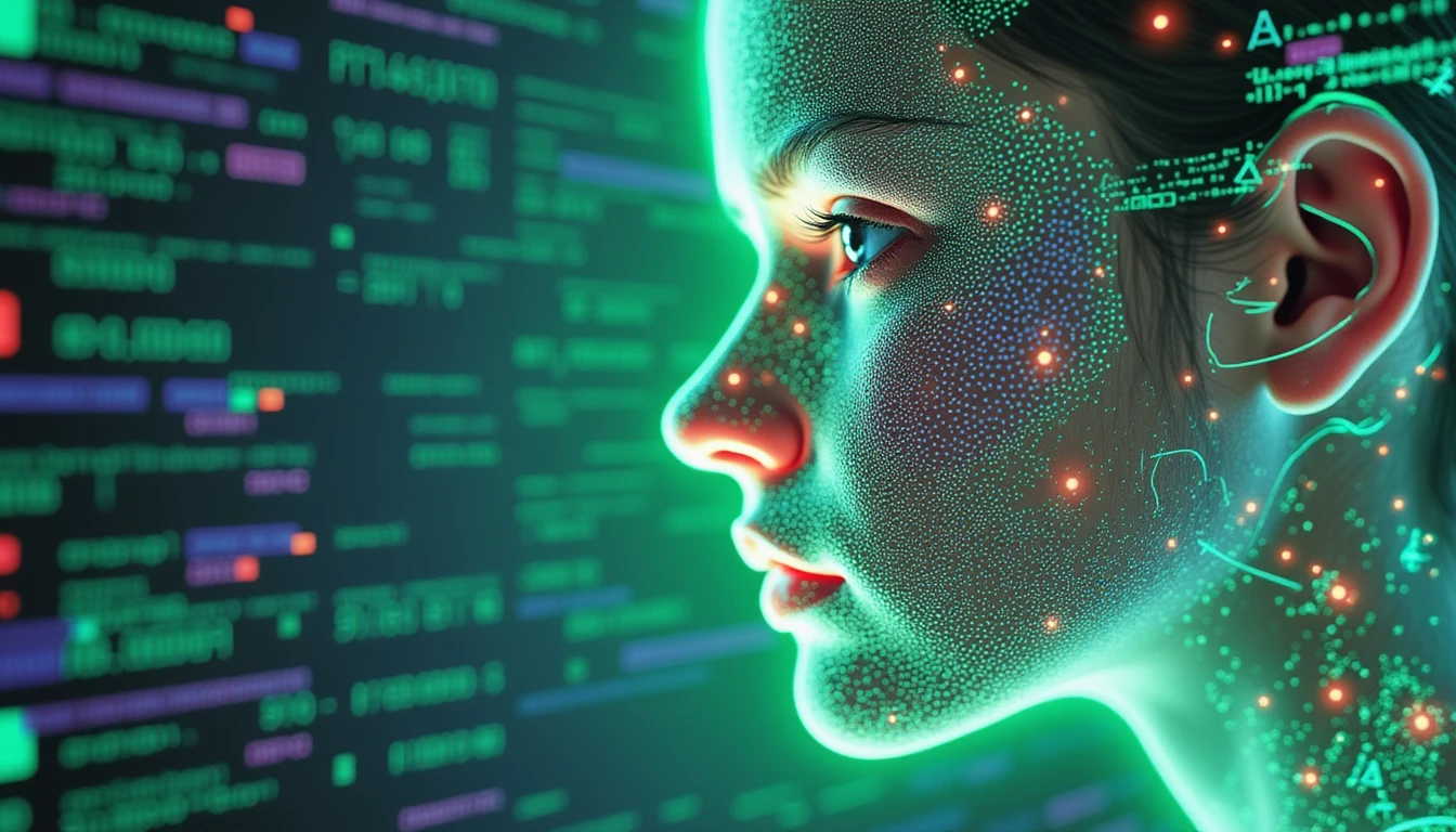 Futuristic concept of AI-powered deepfake detection in insurance, with neon-lit face scan, binary codes, and holographic tech visuals.