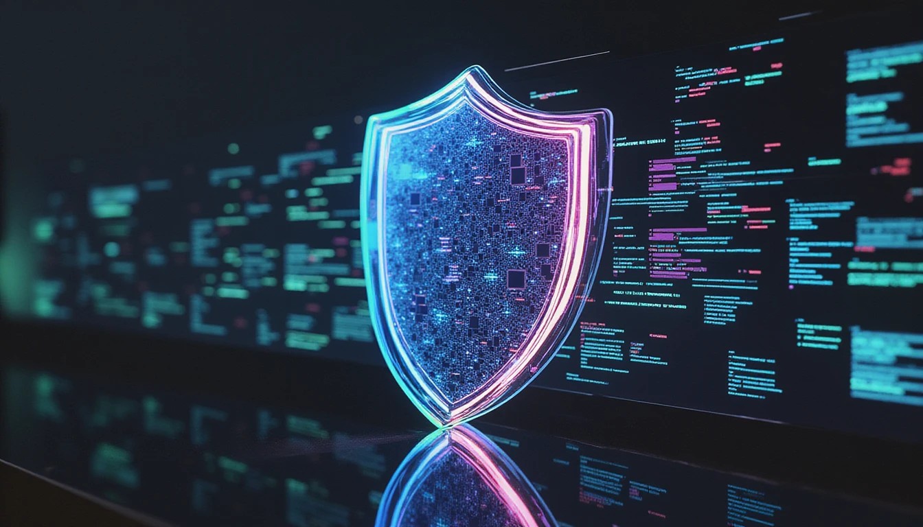 Futuristisches Schild mit Neonschaltkreisen, das digitale Dokumente auf dunklem Hintergrund scannt und erweiterte Betrugserkennung und Sicherheit symbolisiert.