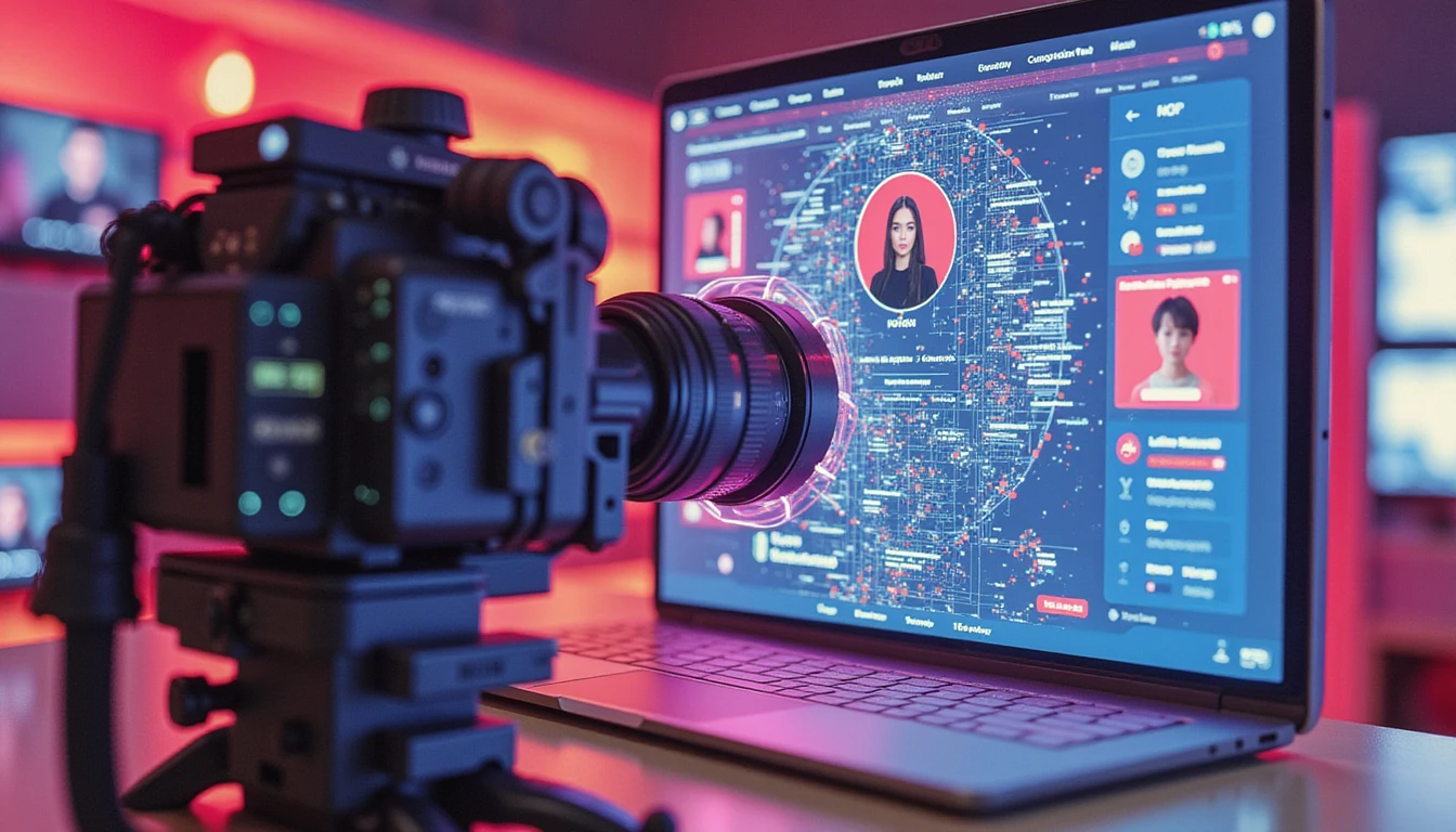 Futuristische neonbeleuchtete Kamera analysiert ein Dating-Profil mit KI-gesteuertem Sicherheits-Overlay und erkennt manipulierte Bilder und gefälschte Konten.