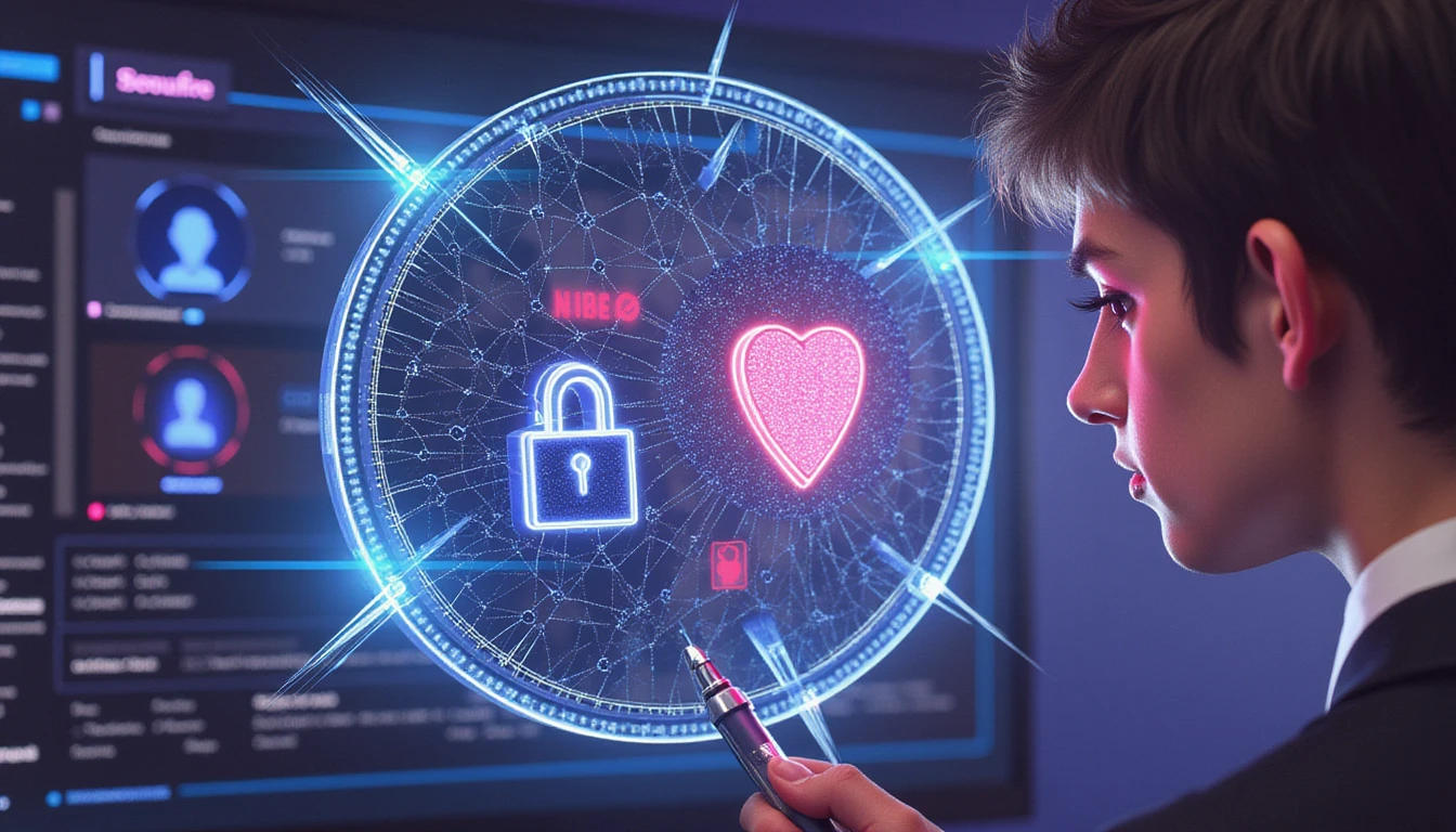 Futuristische, neonbeleuchtete Konzeptkunst, die Online-Sicherheit beim digitalen Dating mit KI-Netzwerken, Betrugserkennung und einem sicheren digitalen Schutzschild darstellt.