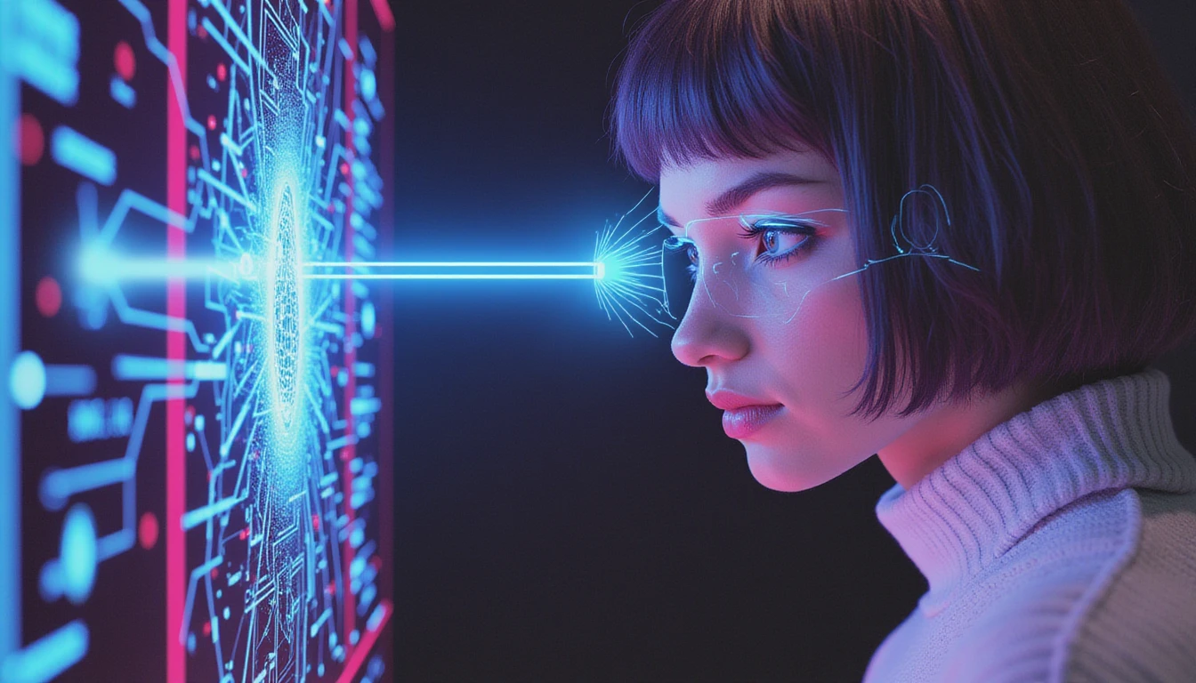 Ein hochmoderner Gesichtsscanner analysiert biometrische Daten in einer neonbeleuchteten Cyber-Umgebung, was die KI-gesteuerte Identitätsverifizierung für Online-Dating symbolisiert.