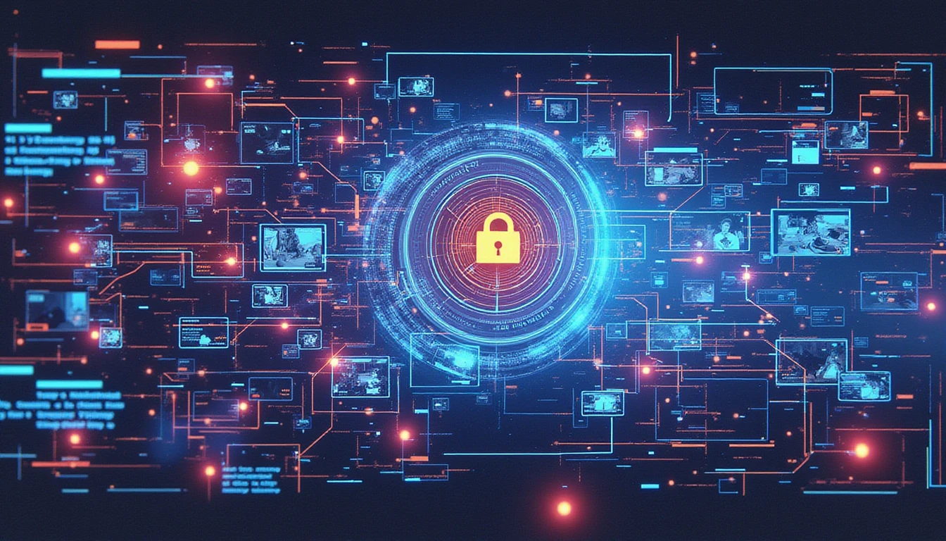 Futuristic AI interface detects fraudulent insurance claims amid glowing algorithms, digital grids, and a secure network matrix.