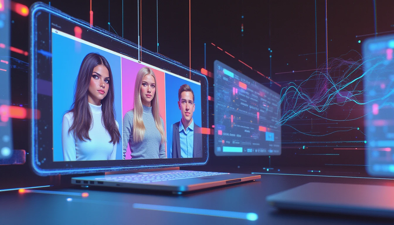 KI-gestütztes Betrugserkennungssystem, das Online-Dating-Profile mit holografischen Elementen, Datenströmen und einer eleganten Cybertech-Schnittstelle analysiert.