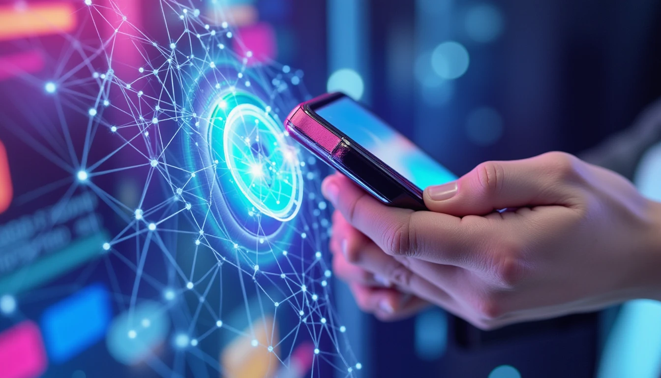 Hand holding a smartphone showing a dating app, overlaid with glowing neon AI analysis elements symbolizing online fraud detection.