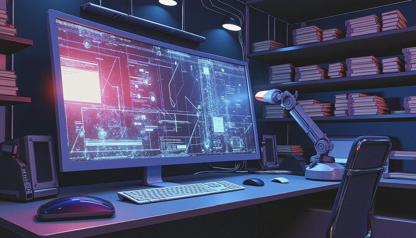 Futuristic fraud detection system with neon-lit digital scanner analyzing data, layered visuals, AI networks, and high-tech security themes.