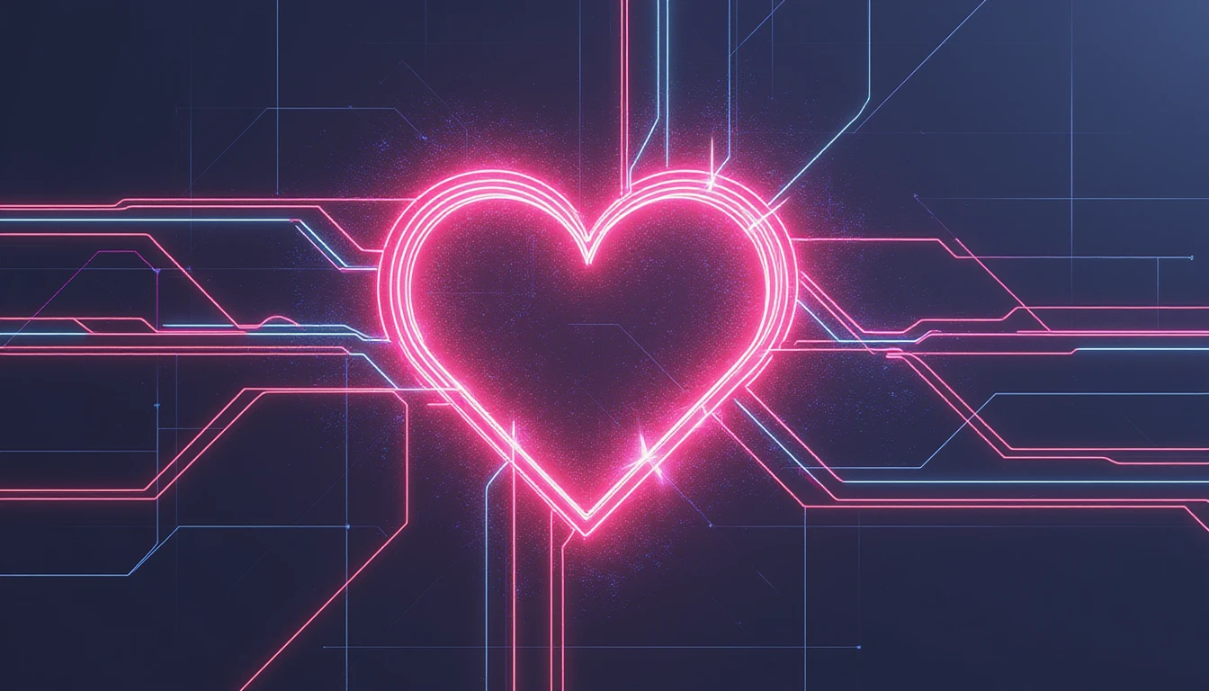 Abstract neon heart-shaped circuit symbolizing secure online dating with AI-driven tools, glowing nodes, and cyber defense elements.