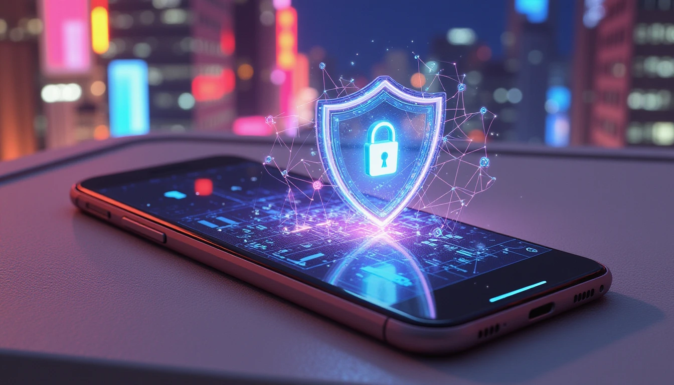 Futuristic online dating app on a smartphone with a neon-lit city backdrop, overlaid by a holographic shield symbolizing AI-driven security.