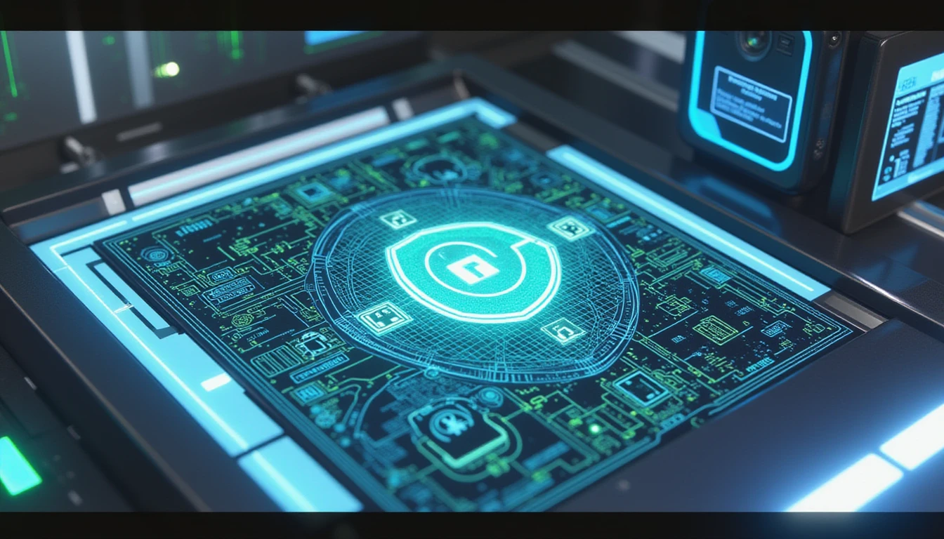 Futuristic insurance office with holographic VAARHAFT Fraud Scanner, glowing data protection diagram, and neon-lit digital security elements.