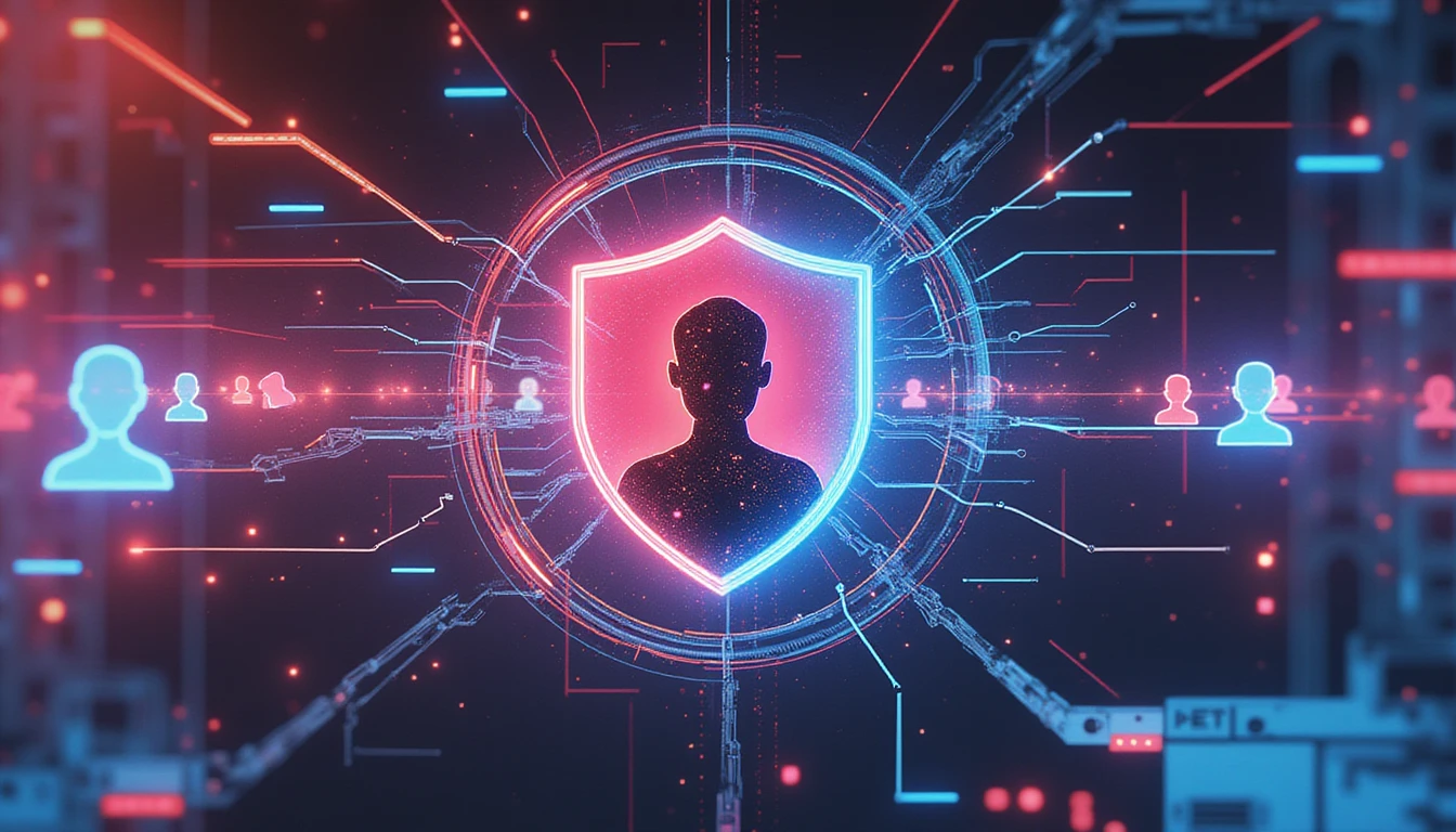 Futuristische Visualisierung von Vertrauen und Sicherheit beim Online-Dating mit einem leuchtenden Schild, KI-gesteuerter Betrugserkennung und verschlüsselten Datenströmen.
