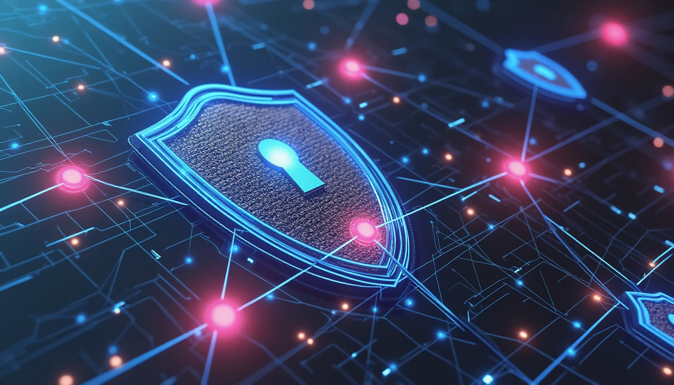 Futuristic digital shields and glowing network web symbolize automated security in insurance, emphasizing fraud and data breach defense.