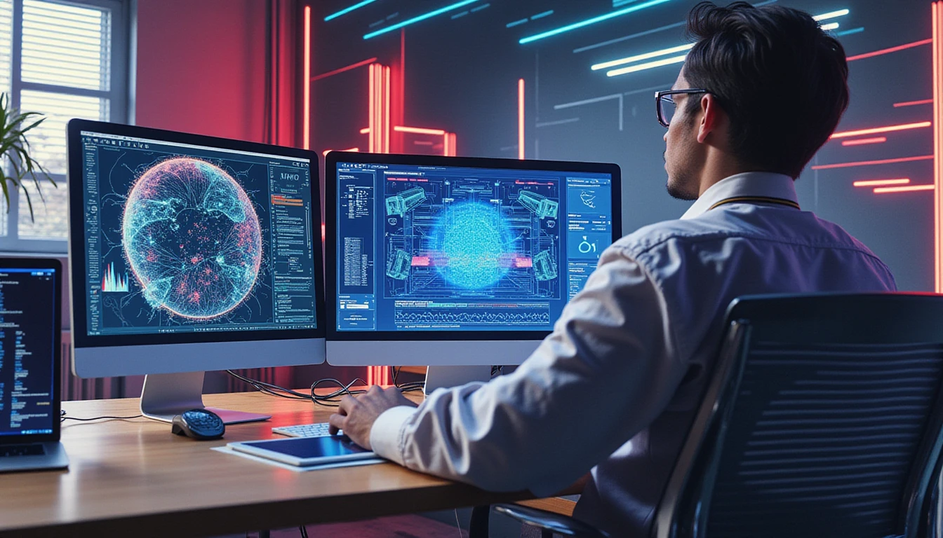 Modern damage assessment scene with AI analysis, neon-lit networks, high-tech screens, fraud detection, and holographic digital visuals.