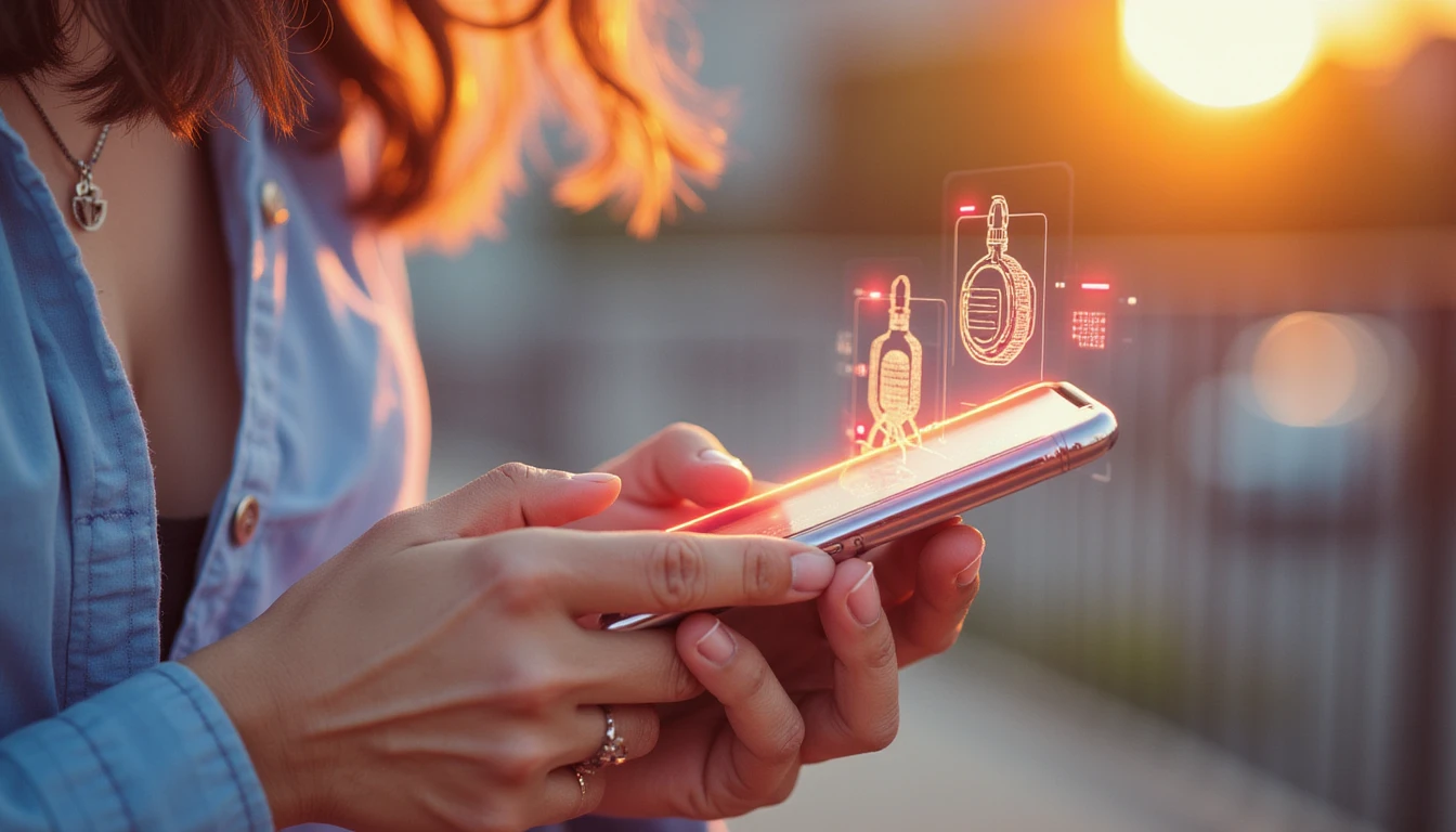Nahaufnahme eines Smartphones, auf dem eine Dating-App mit futuristischen KI-Hologrammen angezeigt wird, die Profile auf Sicherheit und Authentizität analysieren.