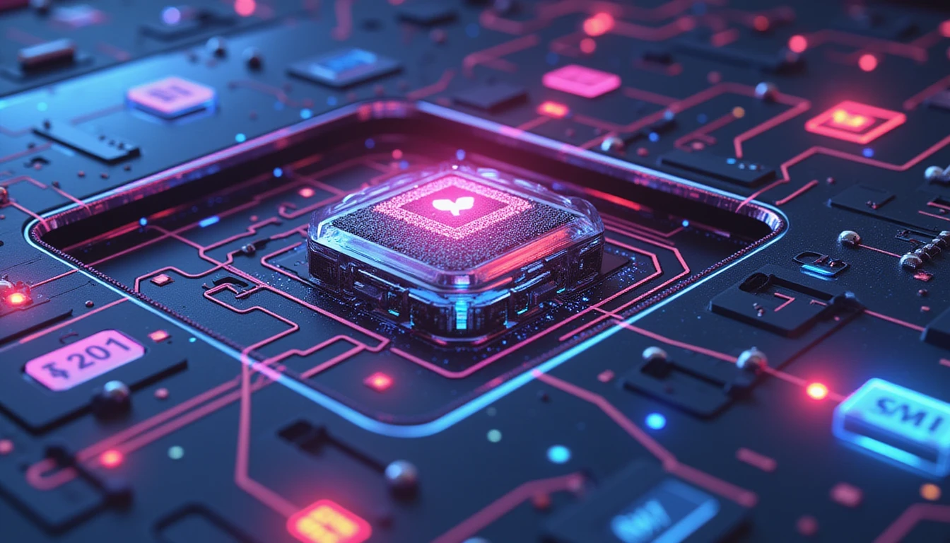 Futuristic abstract representation of AI-driven fraud detection in insurance, with glowing neon circuitry and sophisticated digital textures.