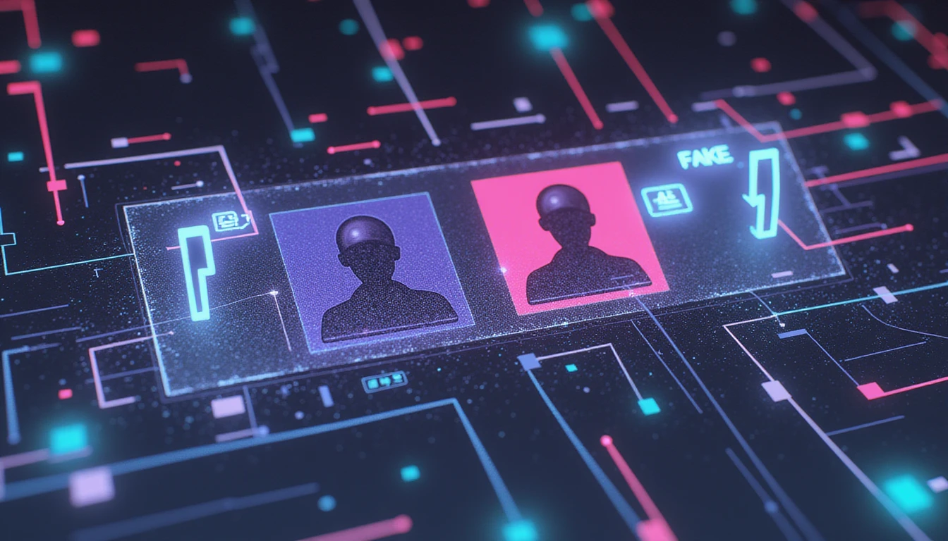 Futuristische, KI-gestützte Schnittstelle zur Analyse von Online-Dating-Profilen mit holografischen Elementen und Hervorhebung von Sicherheit, Vertrauen und Verifizierung.